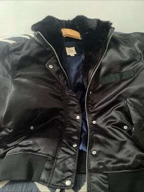 GAP Black Satin Bomber with Faux Fur Collar